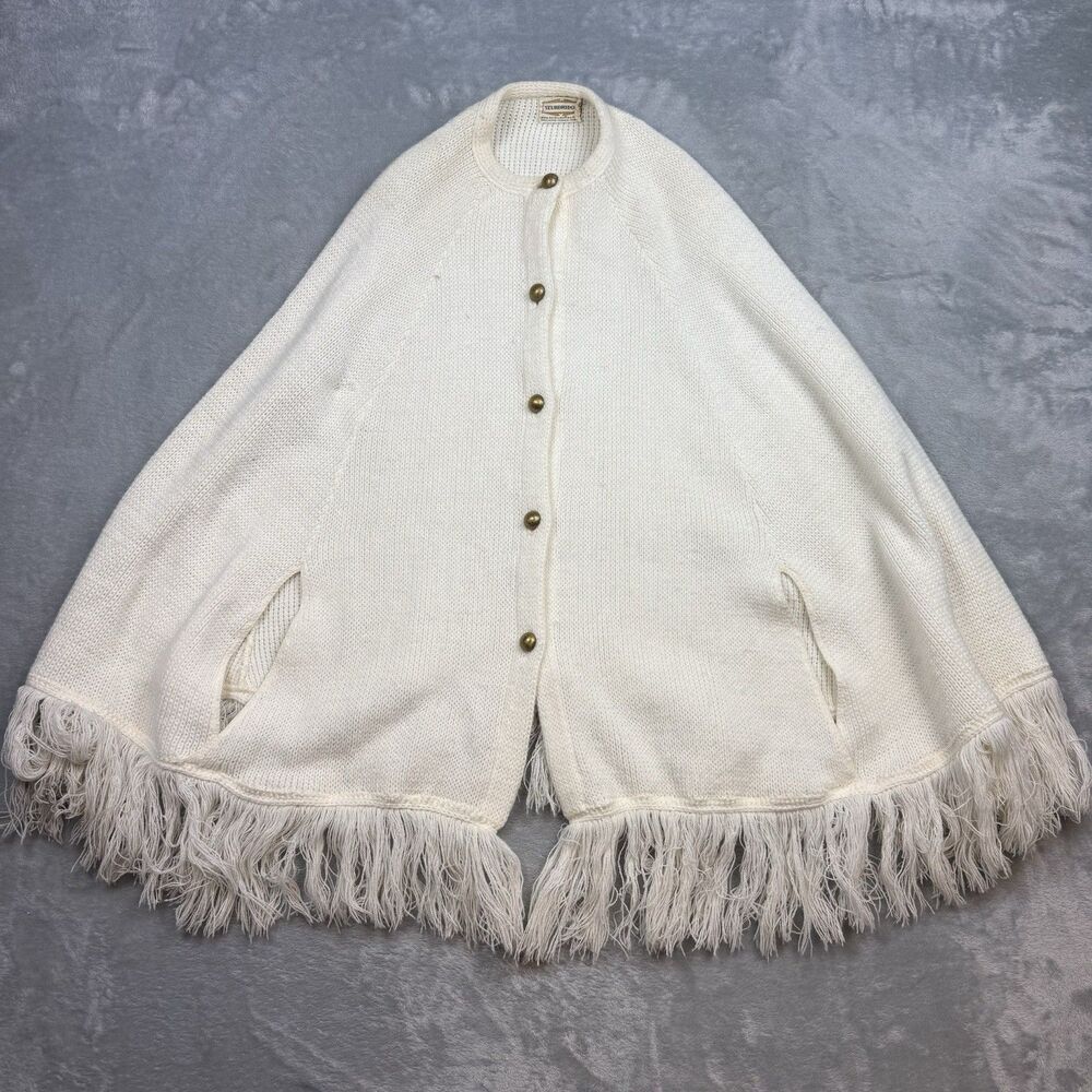 Vintage Sturbridge Cape Poncho Acrylic Knit Ivory Fringe USA Made